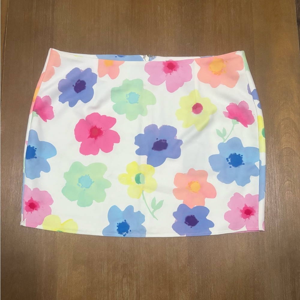 White Fox Boutique White Floral Mini Skirt with Multi-Color Flowers